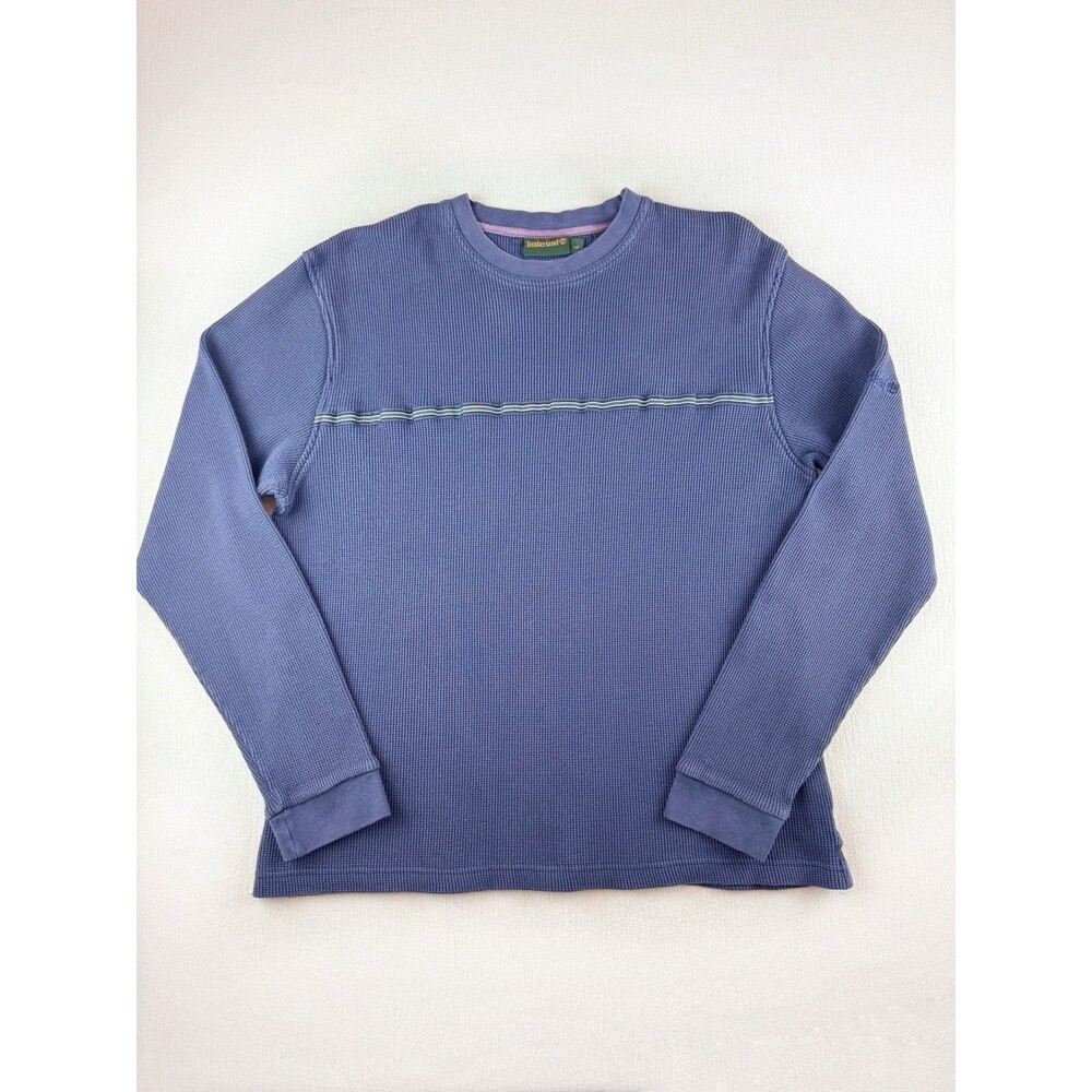 Y2K Timberland Men's Blue Crew Neck Long Sleeve Waffle Knit Thermal Shirt